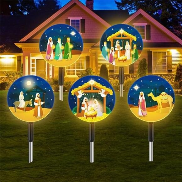 Solar Light Christmas Outdoor Decorations 5-in-1 Yard Nativity Lights Stakes - Picture 8 of 8